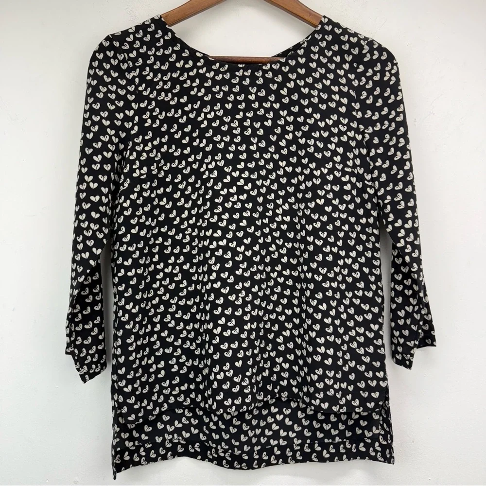 Maeve Anthropologie Sz Small Women’s Black White Linosa Heart Print Silk Blouse